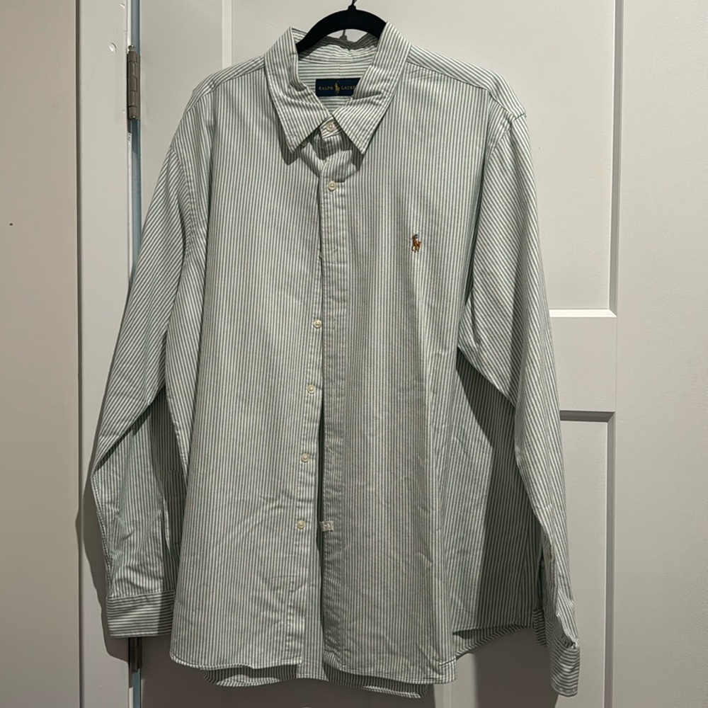 Green and White Striped Ralph Lauren Dress Shirt